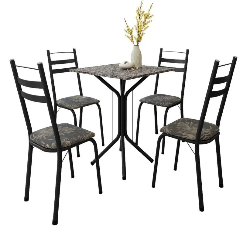 Conjunto De Mesa Sala De Jantar Com 4 Cadeiras Leia Tubular Granito Artefamol Preto/flor - Artefamol