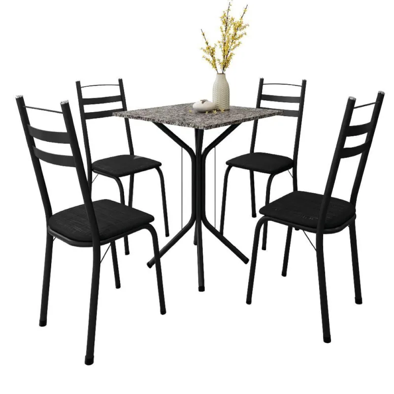 Conjunto De Mesa Sala De Jantar Com 4 Cadeiras Leia Tubular Granito Artefamol Preto - artefamol