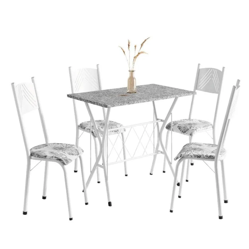 Conjunto De Mesa Sala De Jantar Bruna 1m Com 4 Cadeiras Granito Tubular Artefamol Branco Flor - Artefamol