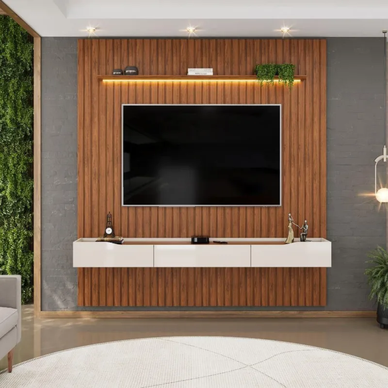 Painel P/ Tv Até 65 Polegadas Ripado Autêntico Com Led Montreal Com Nicho Efraín Madeirado/off White - Dj Móveis