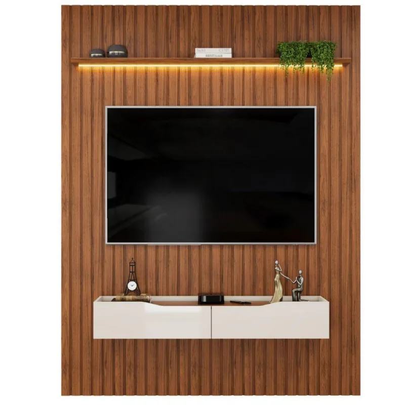 Painel Para Tv Até 65" 1,83m Ripado com Led Montreal com Nicho Madeirado/Off White - Dj Móveis