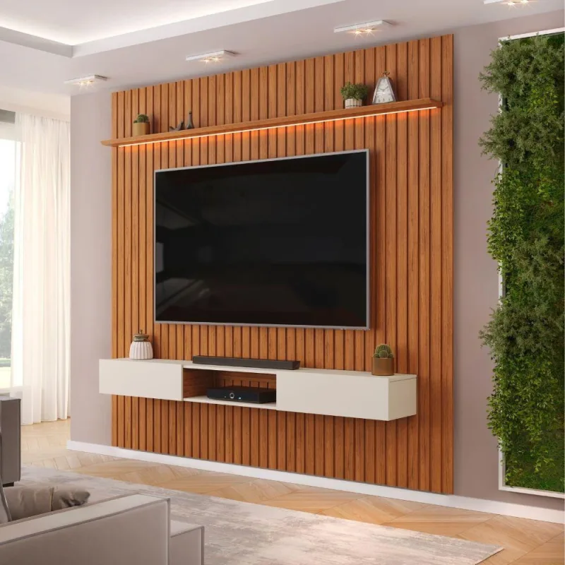 Painel Para Tv Até 90 Polegadas 2,75m Ripado Autêntico Com Led E Nicho Montreal Madeirado/off White - Dj Móveis