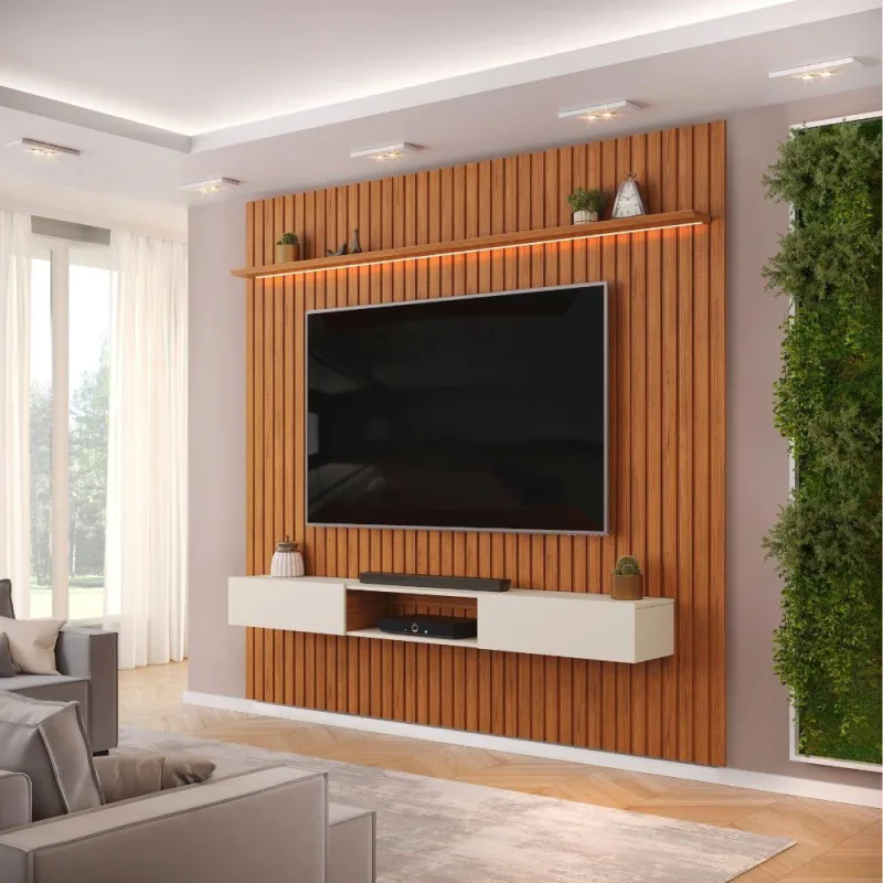 Painel Para Tv Até 85 Polegadas 2,50m Ripado Autêntico Com Led E Nicho Montreal Madeirado/off White - Dj Móveis