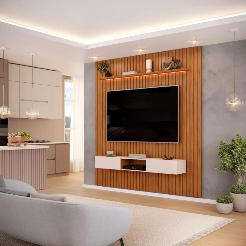Painel Para Tv Até 65 Polegadas 2,23m Ripado Autêntico Com Led E Nicho Montreal Madeirado/off White - Dj Móveis