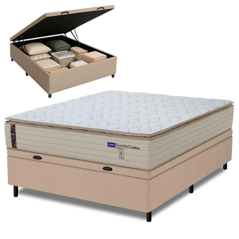 Cama Box Baú Casal Probel Molas Ensacadas Pillow Top 138x188x71cm Guarda Costas Genova Branco/bege