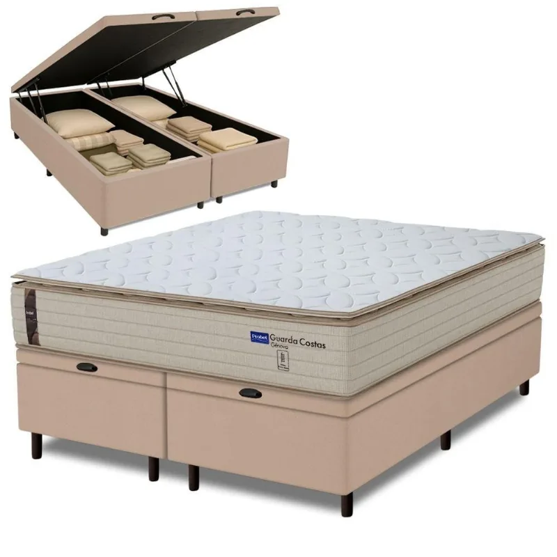 Cama Box Baú King Probel Molas Ensacadas Pillow Top 193x203x71cm Guarda Costas Genova Branco/bege Branco / Bege
