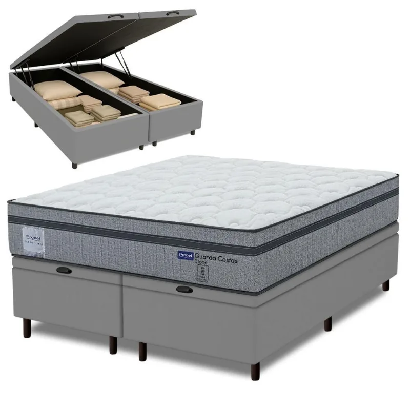 Cama Box Baú Queen Probel Molas Ensacadas Euro In 158x198x71cm Guarda Costas Stone Branco/cinza