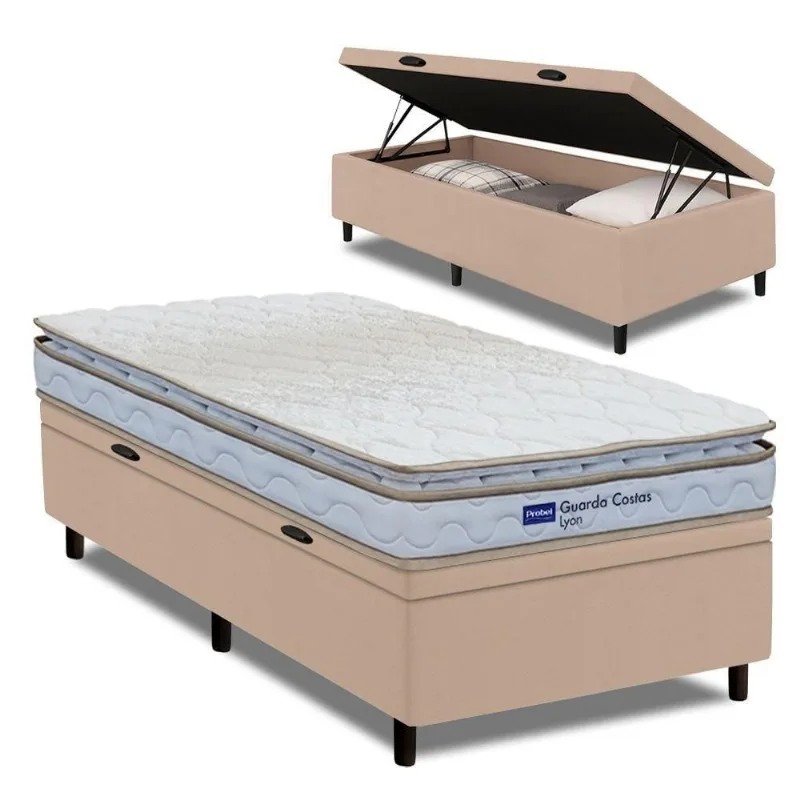 Cama Box Baú Solteiro Probel Espuma D33 Pillow Top 88x188x59cm Guarda Costas Lyon Branco/bege Branco / Bege