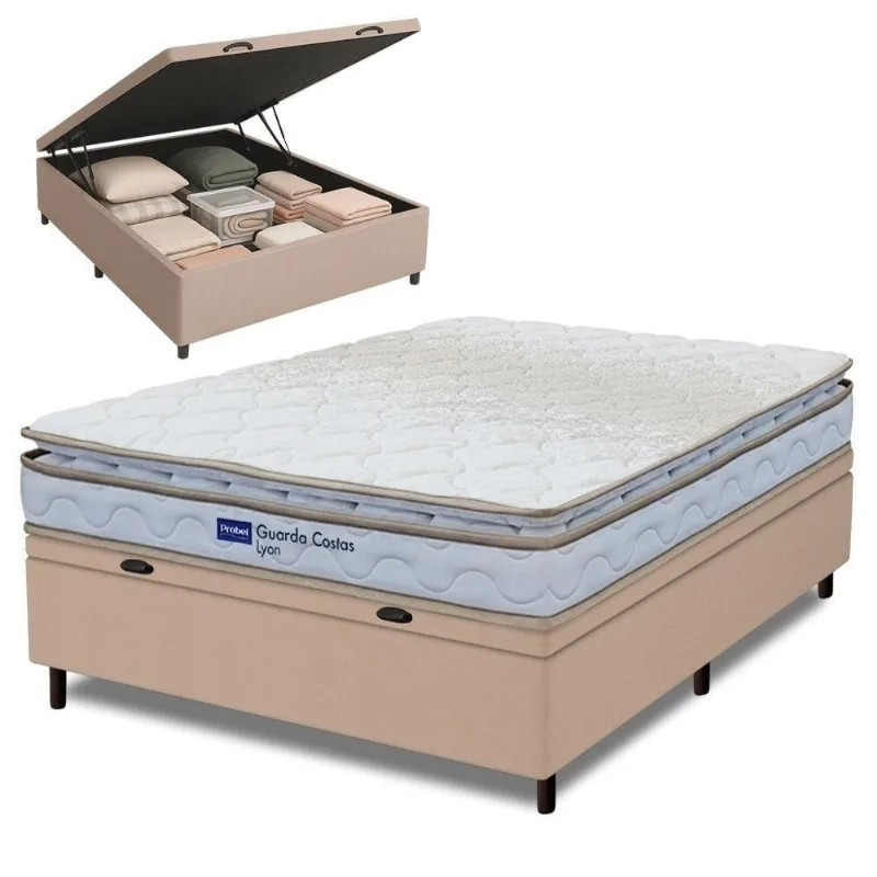 Cama Box Baú Casal Probel Espuma D33 Pillow Top 138x188x59cm Guarda Costas Lyon Branco/bege Branco / Bege