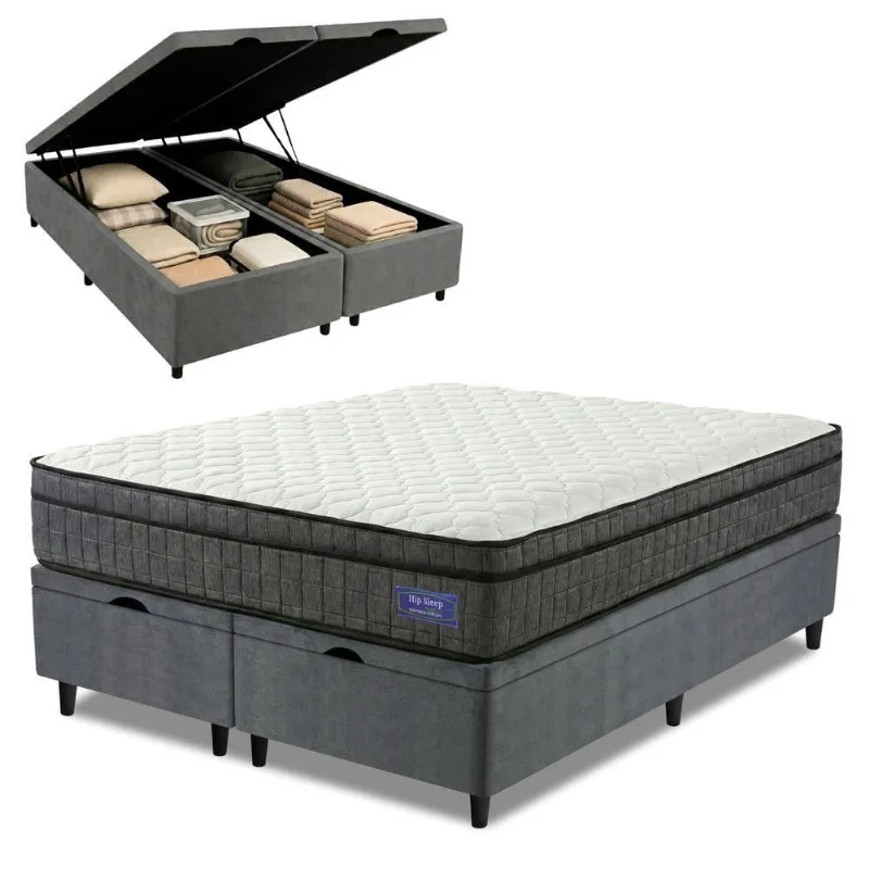 Cama Box Baú Colchão Queen Ortopédico D33 Euro Pillow Ultra 158x198x66cm Cinza