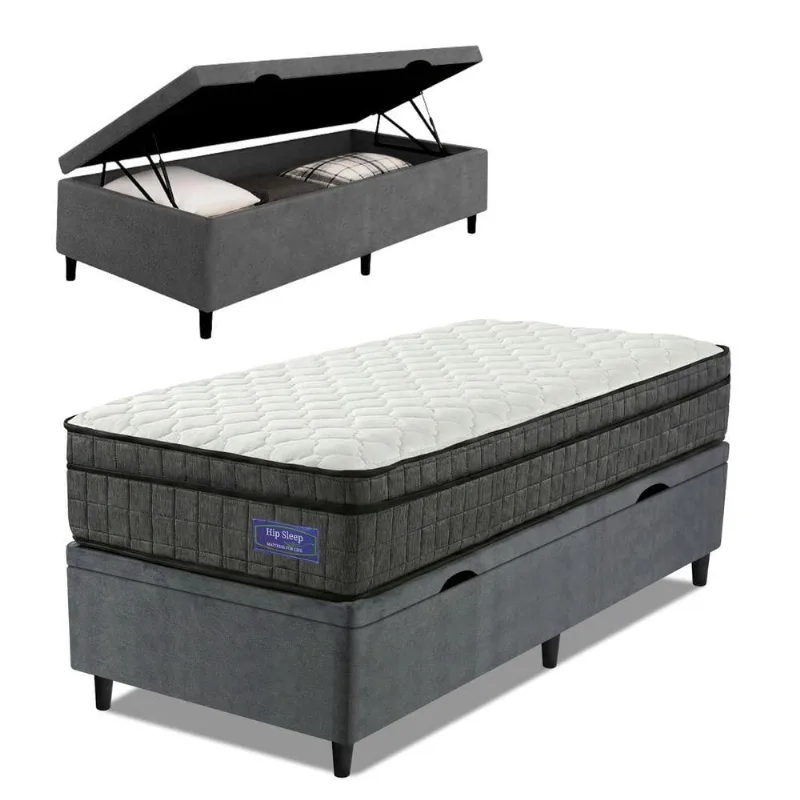 Cama Box Baú Colchão Solteiro Ortopédico D33 Euro Pillow Ultra 88x188x66cm Cinza