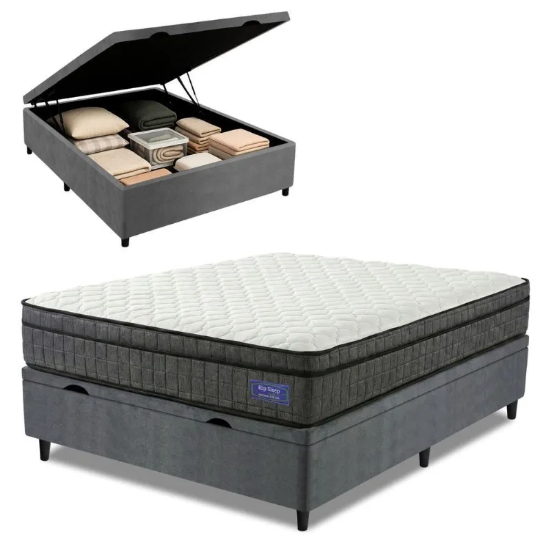 Cama Box Baú Colchão Casal Ortopédico D33 Euro Pillow Ultra 138x188x66cm Cinza