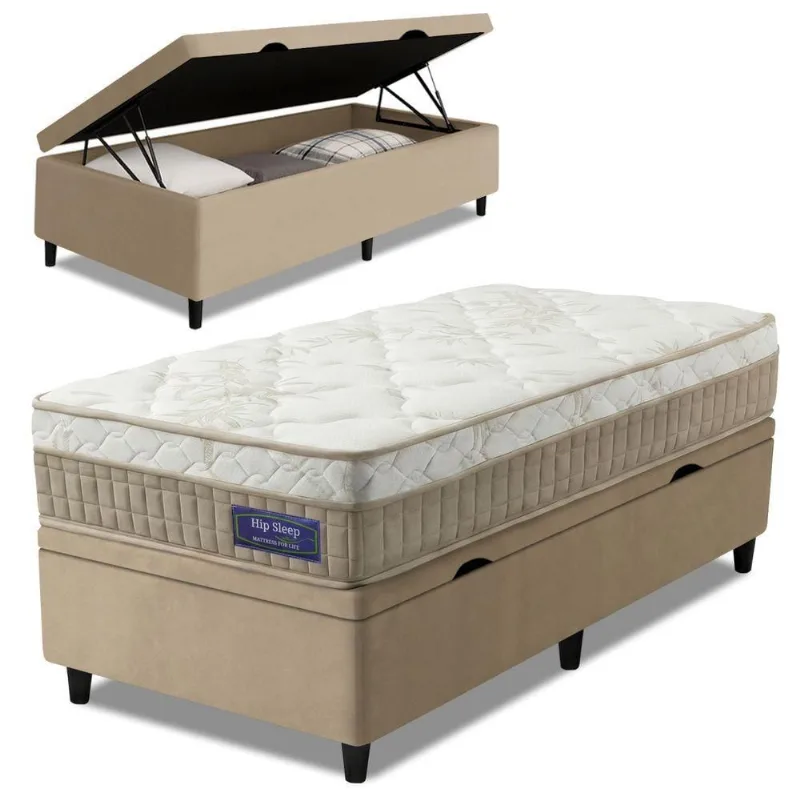 Cama Box Baú Colchão Solteiro Molas Ensacadas Euro In Natural Confort 88x188x66cm Apolo Bege