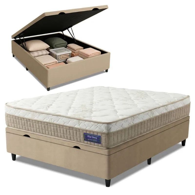 Cama Box Baú Colchão Casal Molas Ensacadas Euro In Natural Confort 138x188x66cm Bege