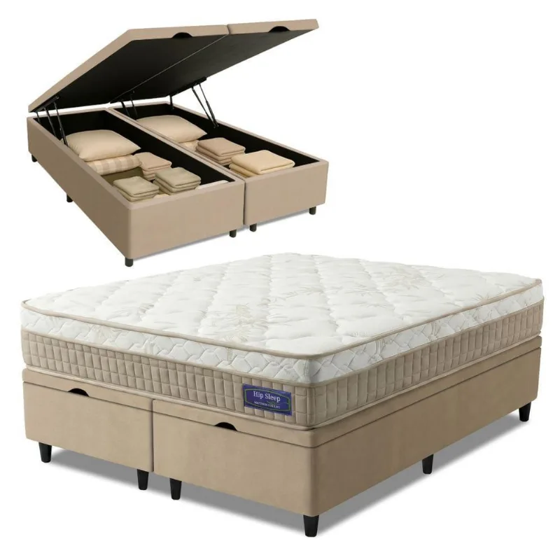 Cama Box Baú Colchão Queen Euro In Natural Confort 158x198x66cm Apolo Bege