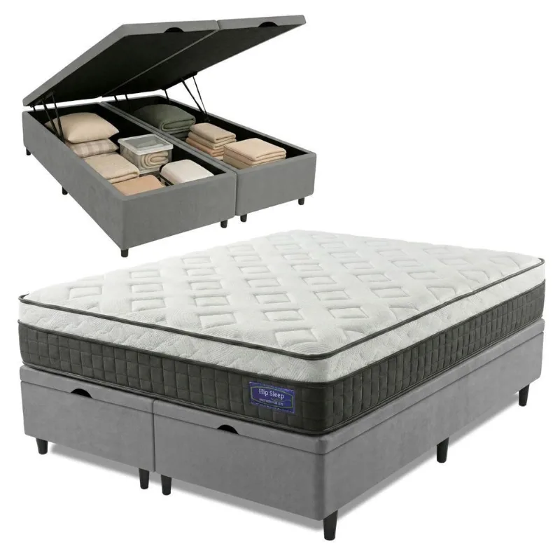 Cama Box Baú Colchão King Molas Ensacadas Euro In Atlantic 193x203x69cm Cinza