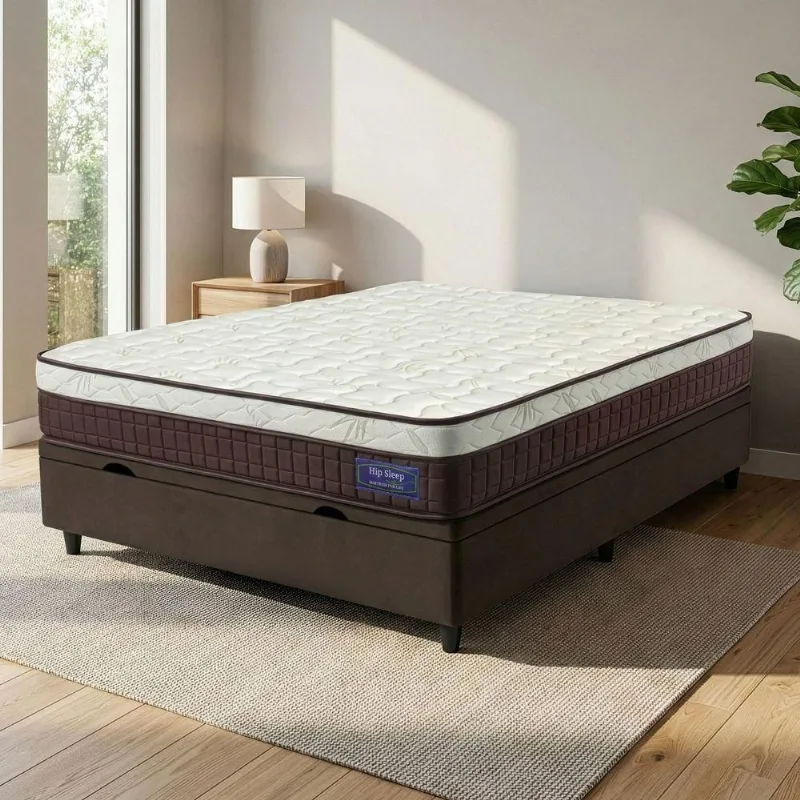 Cama Box Baú Colchão Casal Molas Superlastic Euro Pillow Start 138x188x65cm Apolo Bege / Marrom