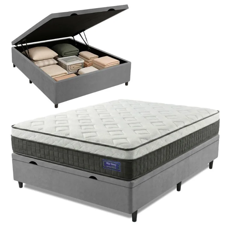Cama Box Baú Colchão Casal Molas Ensacadas Euro In Atlantic 138x188x69cm Cinza