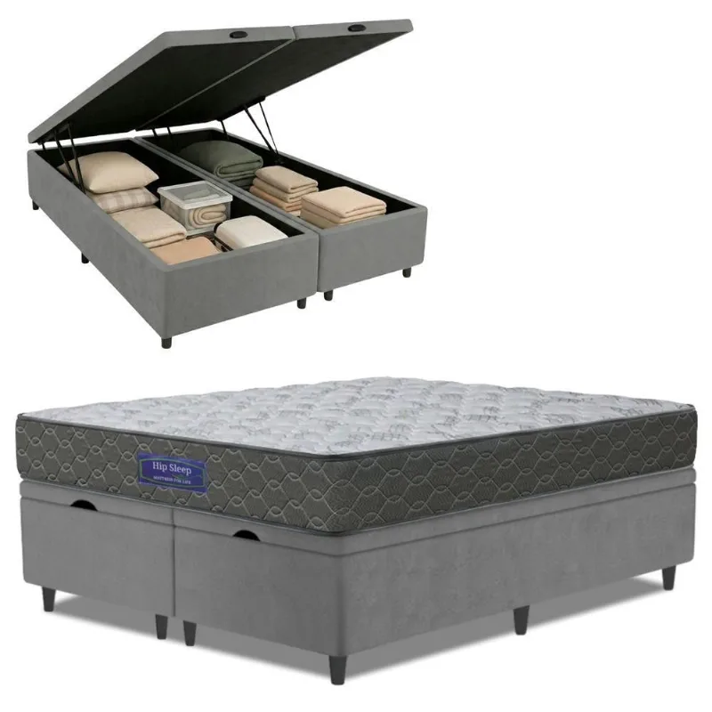 Cama Box Baú Colchão Queen Ortopédico Espuma D33 Hiper 158x198x60cm Cinza
