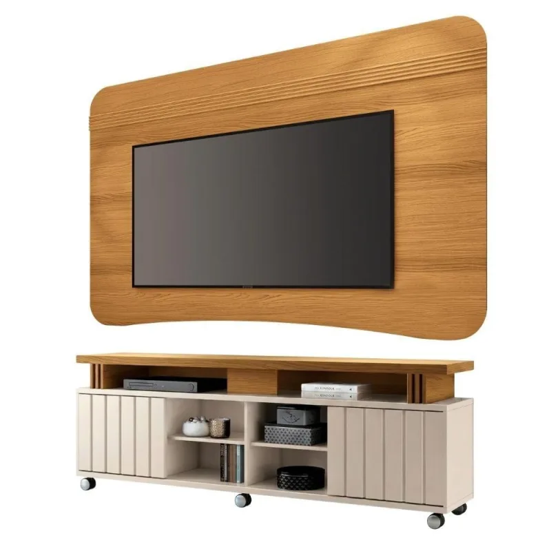 Rack Bancada Alpha Com Painel Psy Para Tv Até 80 Polegadas 1,80m Ripado Madeirado-off White - Hb Moveis