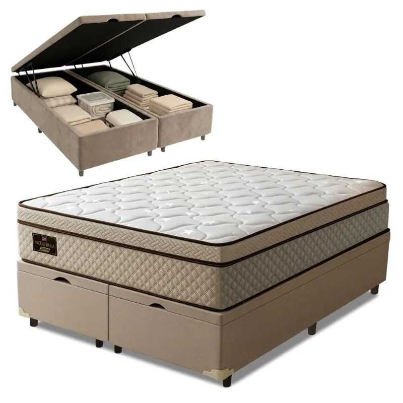 Cama Box Baú Colchão Queen Gazin Premium Molas Ensacadas E Euro Pillow 158x198x73cm Bege Branco