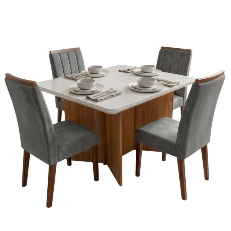 Conjunto Sala de Jantar Montreal 4 Lugares Tampo em MDF com Vidro Cinza Viero Móveis - viero móveis - Móveis