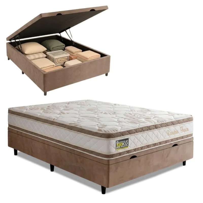 Cama Box com Baú Casal Cama Box Baú D33 Double Face Branco e Bege Hellen Estofados e Colchões - Hellen Estofados e Colchões - Colchões