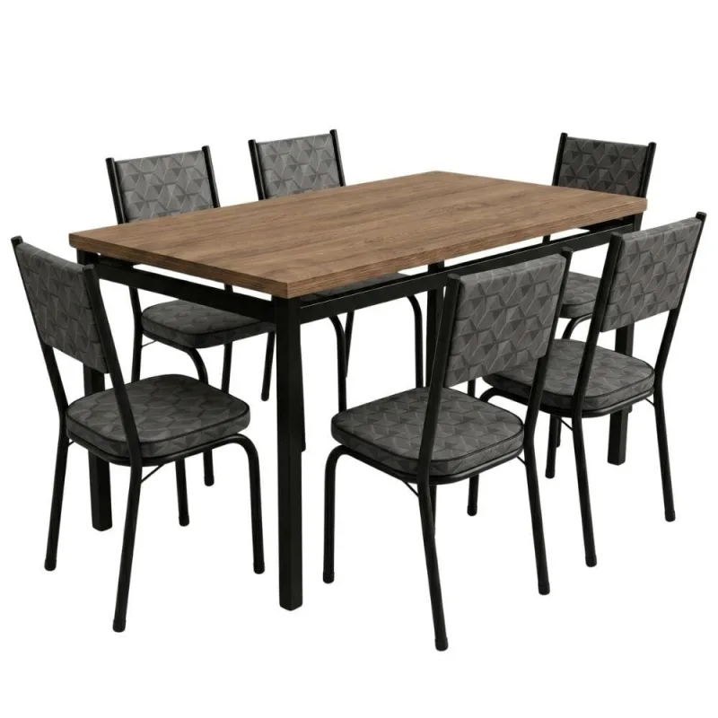 Conjunto de Mesa Atlanta 6 Lugares Tampo em MDF com Cadeiras Acolchoadas Amadeirado e Mosaico 136CM - artefamol