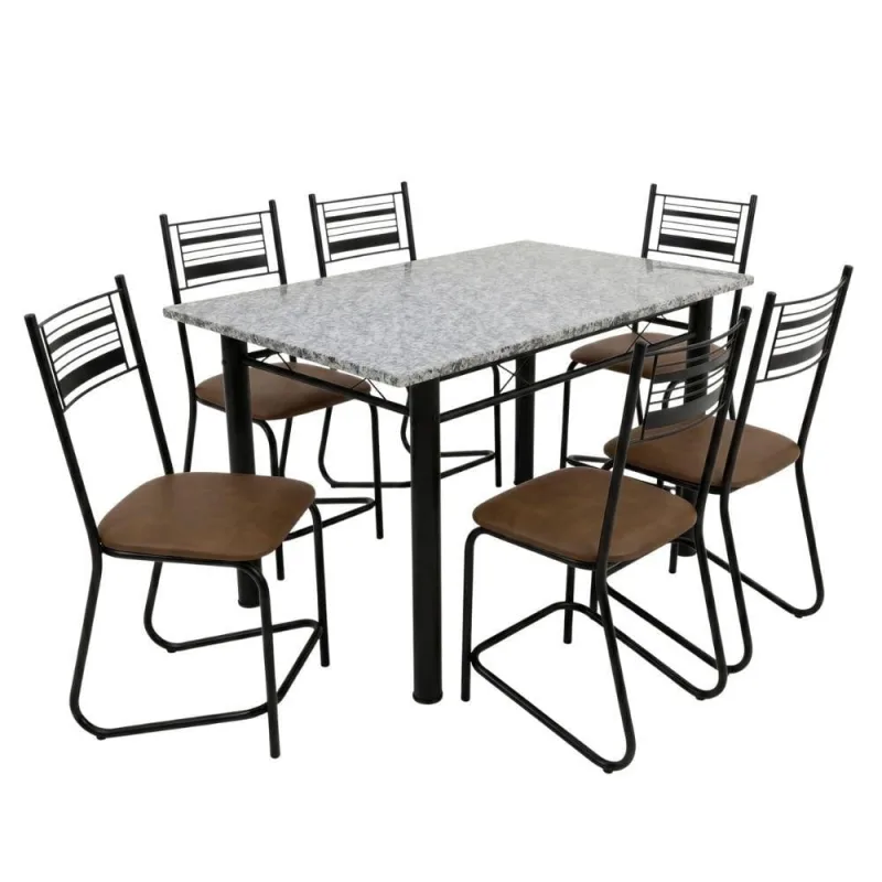 Conjunto de Mesa Atlanta 6 Lugares Tampo em Granito com Cadeiras Estofadas Preto e Caramelo 140CM - artefamol - Móveis