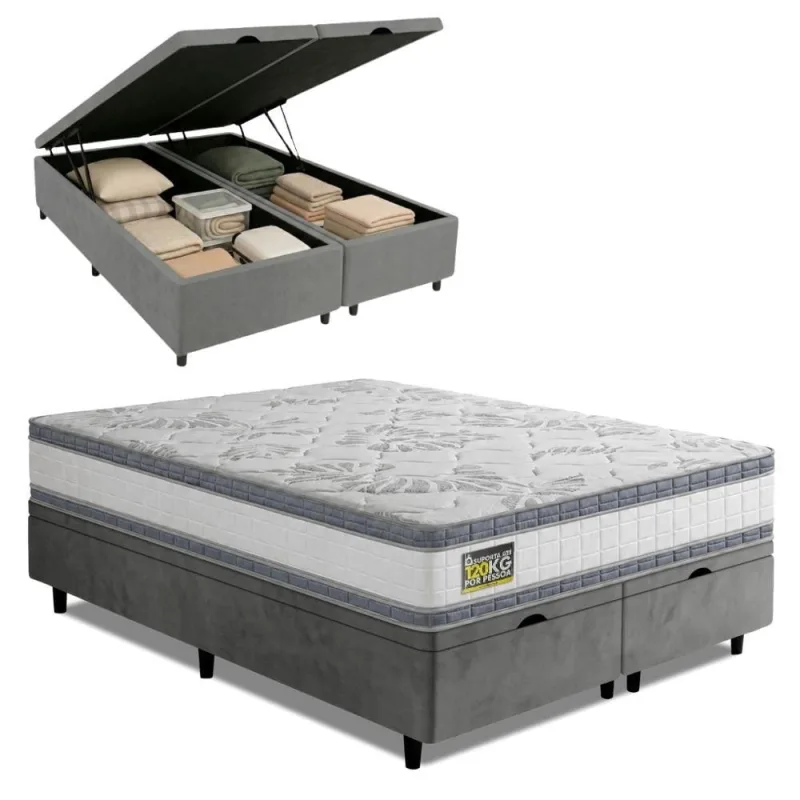 Cama Box com Baú Queen Cama Box Baú D33 Double Face Molas Ensacadas Branco e Cinza Hellen Estofados - Hellen Estofados e Colchões