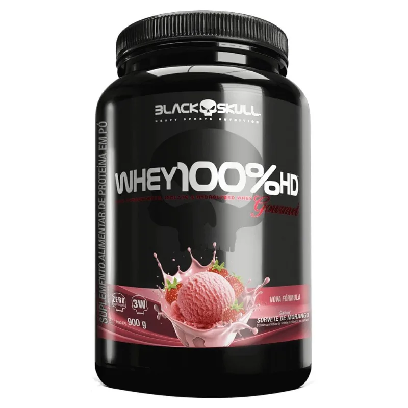 Whey 100% HD Gourmet Black Skull Sabor Sorvete de Morango 900g - Black Skull