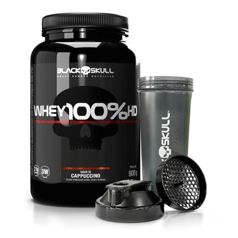 Combo Whey 100% HD Whey Protein em Pó + Coqueteleira Black Skull Blend Capuccino 900G - Black skull - Suplementos Alimentares