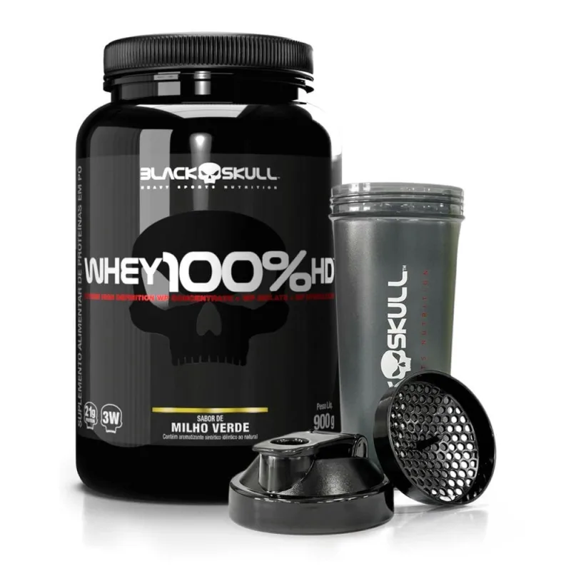 Combo Black Skull Whey 100% Hd Concentrado Milho Verde 900G + Coqueteleira - black skull