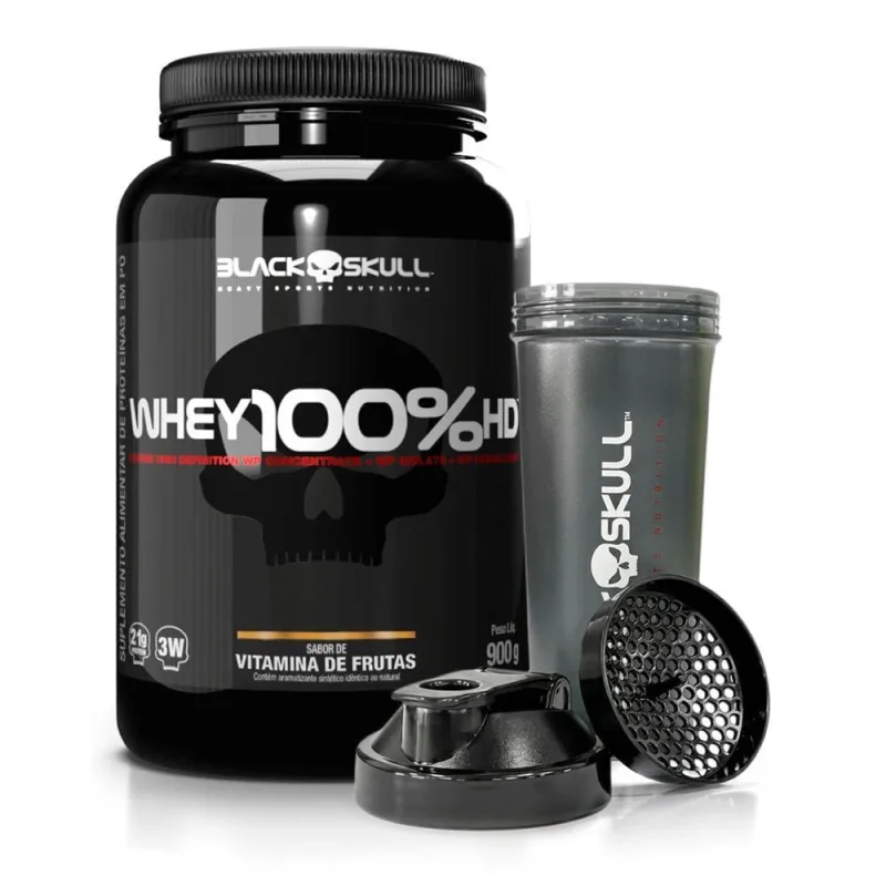 Combo Black Skull Whey 100% Hd Concentrado Vitamina de Frutas 900G + Coqueteleira - black skull - Suplementos Alimentares