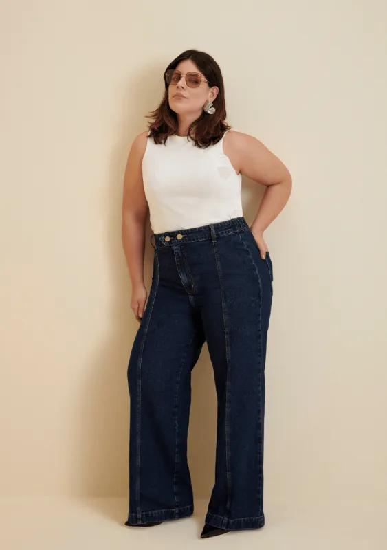 Calça Morena Rosa Wide Leg Thaila Cós Alto Detalhe Cós Jeans - Morena Rosa - Outlet