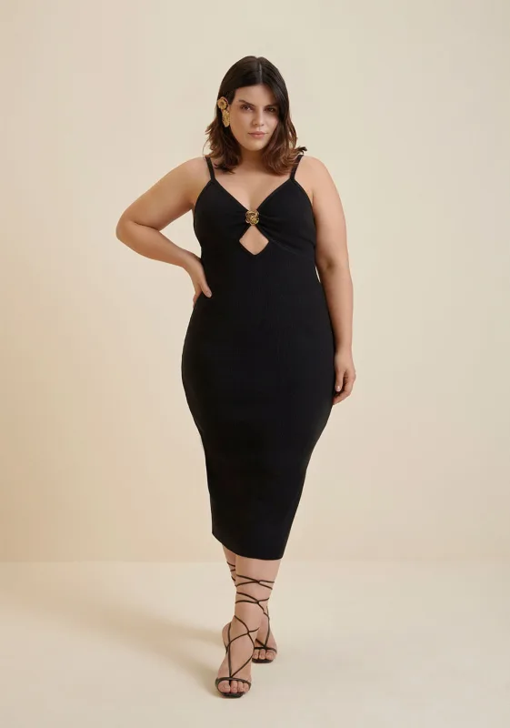 Vestido Morena Rosa Midi Decote Redondo Detalhe Decote Preto - Morena Rosa