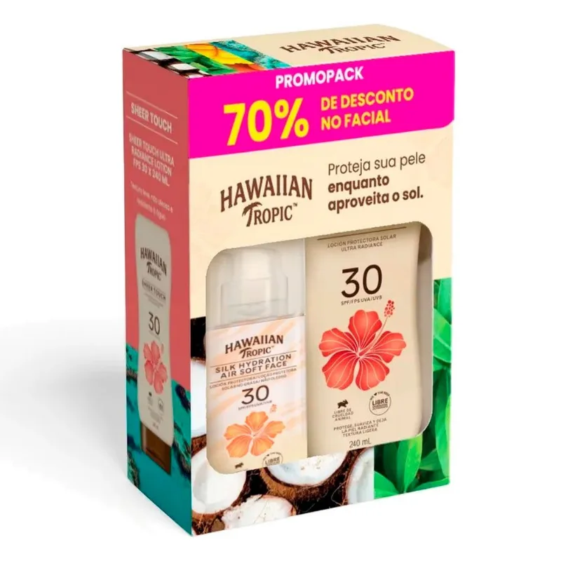 Kit Hawaiian Tropic Protetor Solar Corporal Sheer Touch FPS30 240ml e Protetor Solar Facial Air Soft Face FPS30 50ml