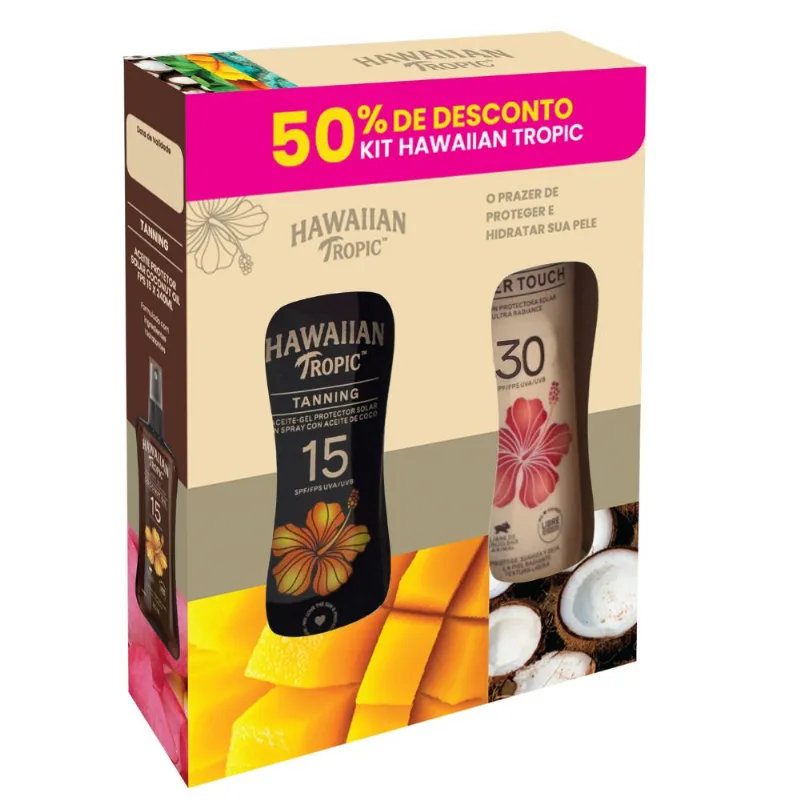 Kit Protetor Solar Hawaiian Tropic Sheer Touch FPS 30 240ml + Óleo Bronzeador Coconut Oil FPS 15 240ml