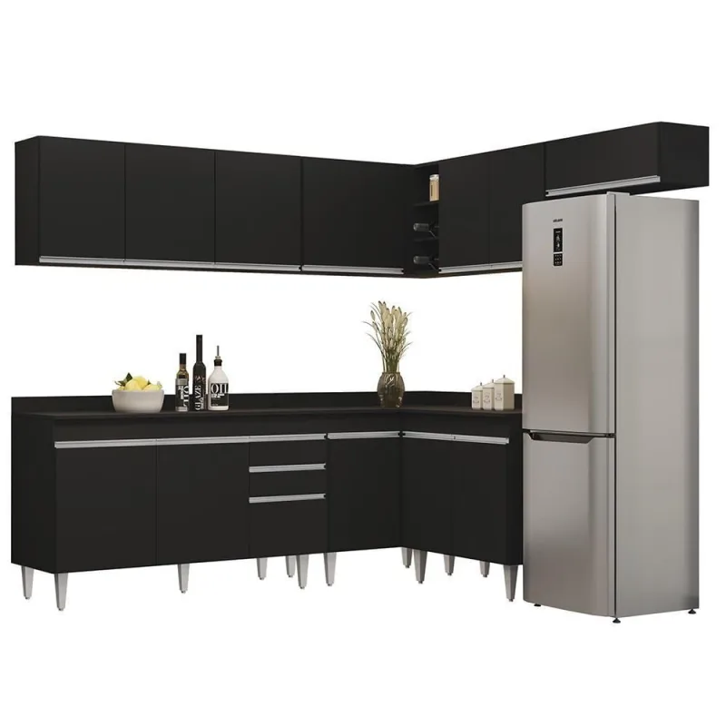 Armário De Cozinha Modulado De Canto 7 Peças Cp23 Balcão Com Tampo Preto - Lumil - OUTRAS