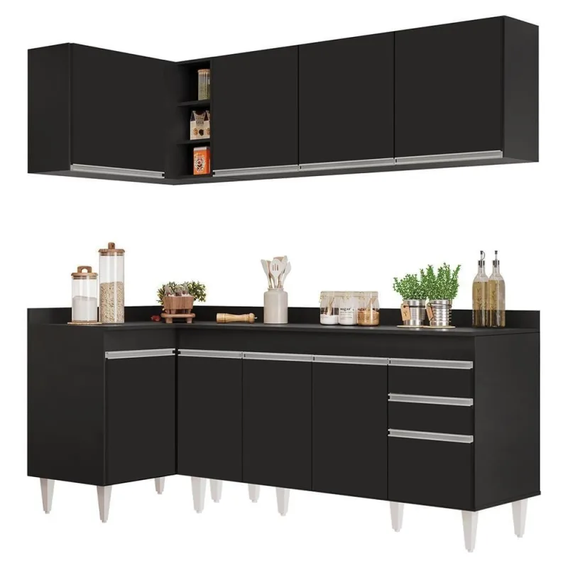 Armário De Cozinha Modulado De Canto Direito 4 Peças Cp41 Balcão Com Tampo Preto - Lumil - OUTRAS