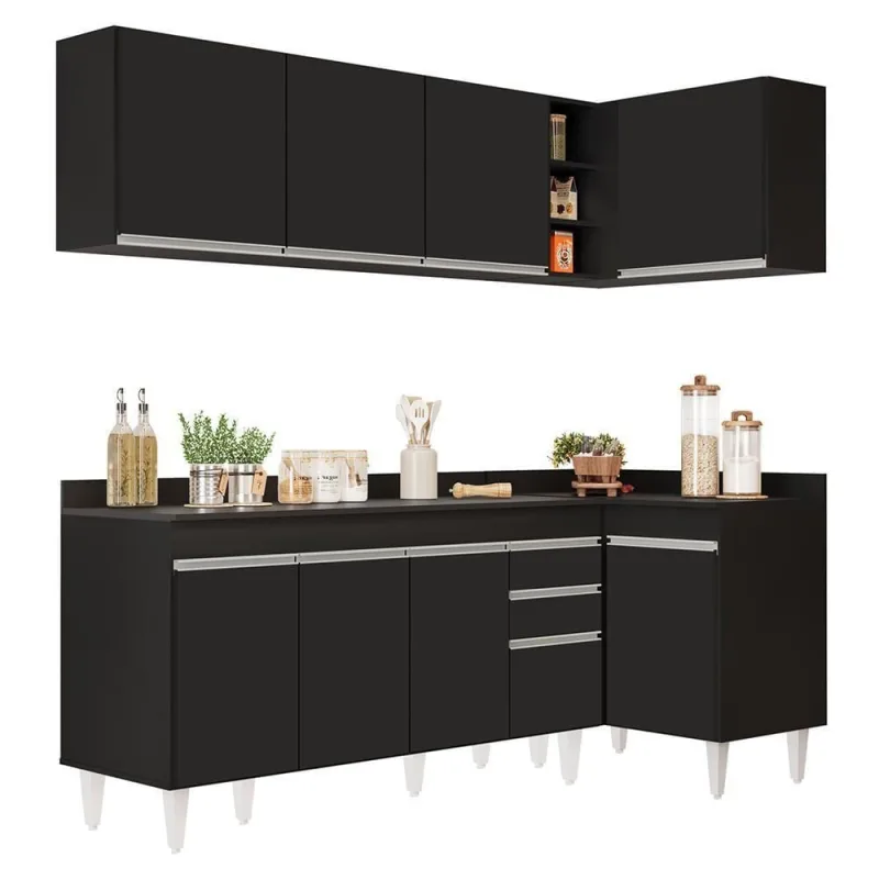 Armário De Cozinha Modulado De Canto Esquerdo 4 Peças Cp50 Balcão Com Tampo Preto - Lumil - OUTRAS
