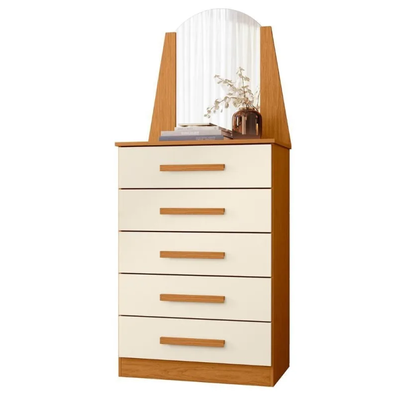 Cômoda para Quarto com Penteadeira Laris A02 5 Gavetas com Espelho em MDF Off White - Mpozenato