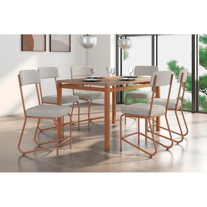 Conjunto Mesa Jantar Fabone Nagoia 6 Cadeiras Mesa Retangular 136x80cm Aço Carbono - Fabone