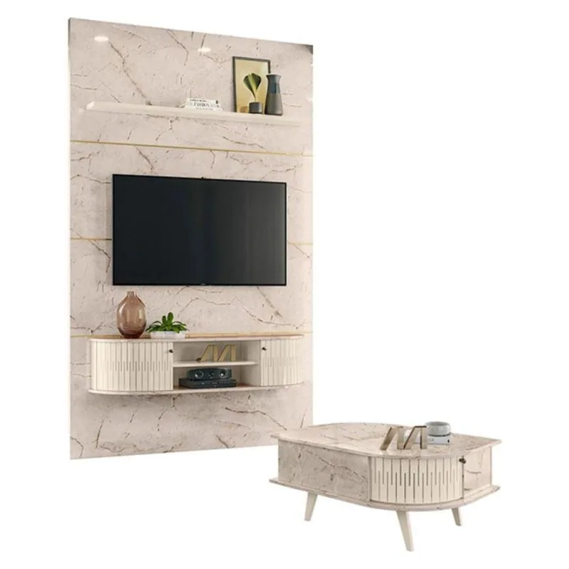 Estante Home Theater Com Bancada Suspensa Monte Carlo Com Mesa De Centro Indianápolis Calacata - madetec moveis