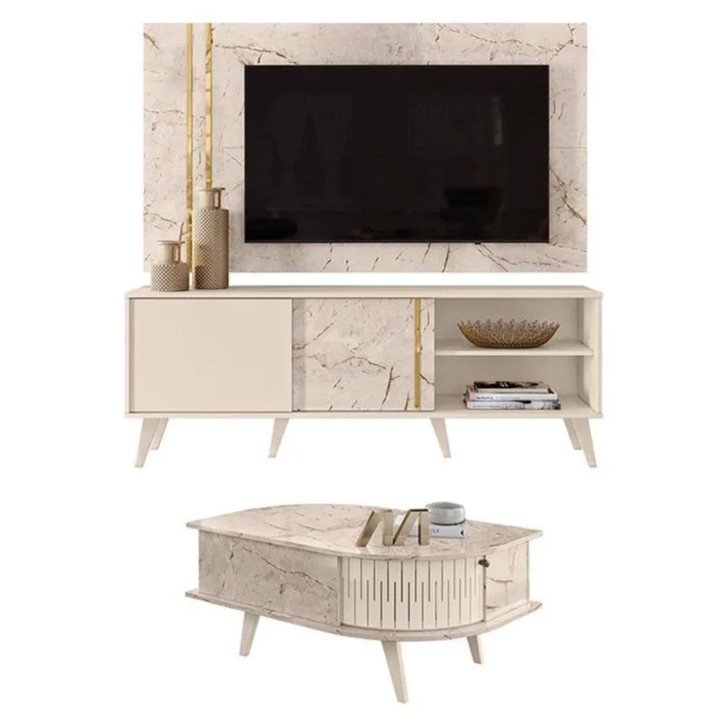 Rack Bancada E Painel Para Tv Cronos Com Mesa De Centro Indianápolis Calacata Off White – Madetec - madetec moveis