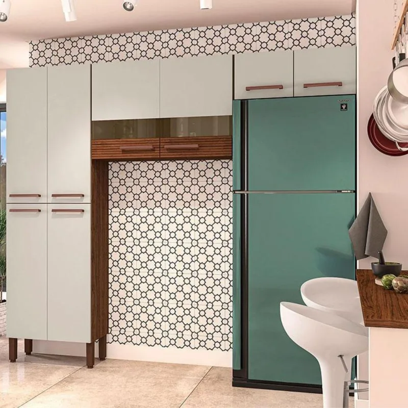 Kit Cozinha Ambiente Nala 3 Peças Disponível cor Nogueira Off White Ripado - Kits Paraná - Kit`s Paraná