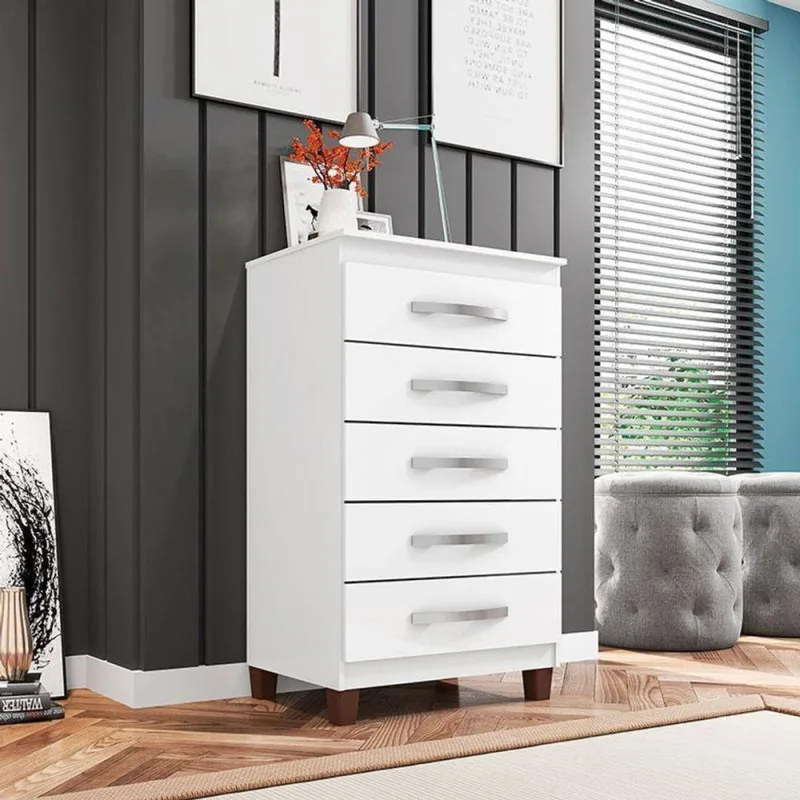 Cômoda Cannes 5 Gavetas em MDF com Puxador Plástico Branco para Organização de Roupas - OUTRAS - Bebês
