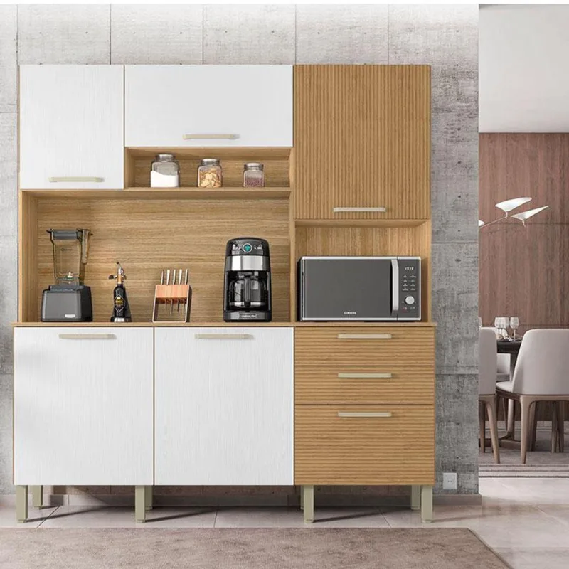 Cozinha Ambiente Ferrara 6 Portas E 2 Gavetas Freijó Supremo Ripado - Kits Paraná - OUTRAS