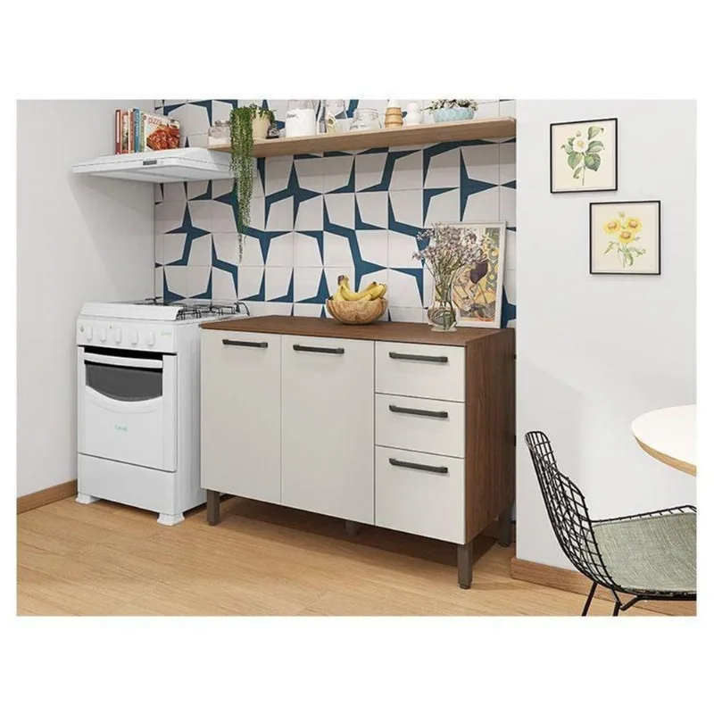 Balcão De Pia Ambiente Mad Versalhes 120 Cm Com Tampo Nogueira Off White - Kits Paraná