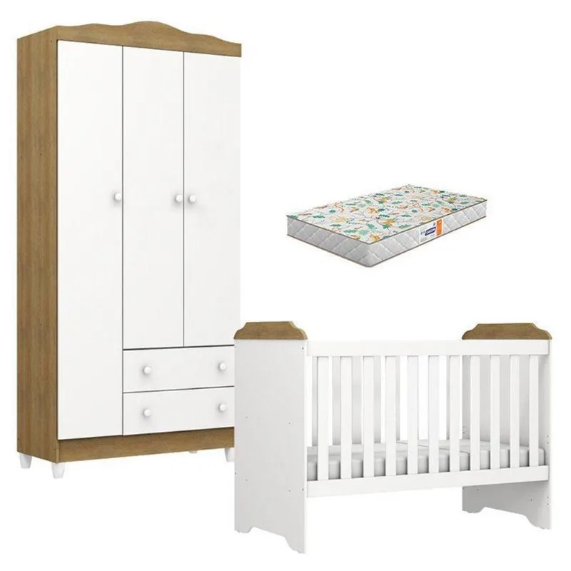 Berço Americano Mini Cama E Guarda Roupa Mel Flat Branco Acetinado Amadeirado Com Colchão Gazin - Carolina